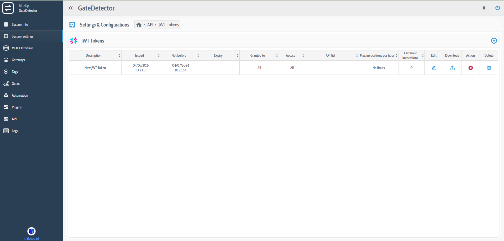 System settings - JWT Token List