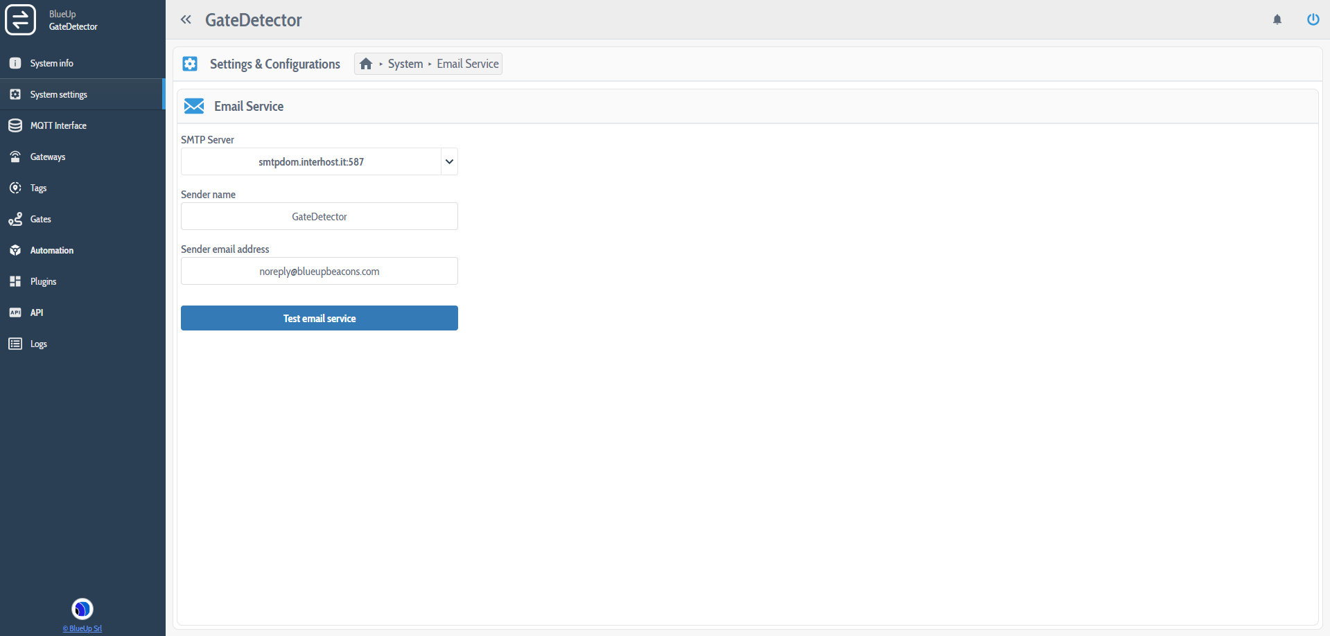 System settings - Email Service