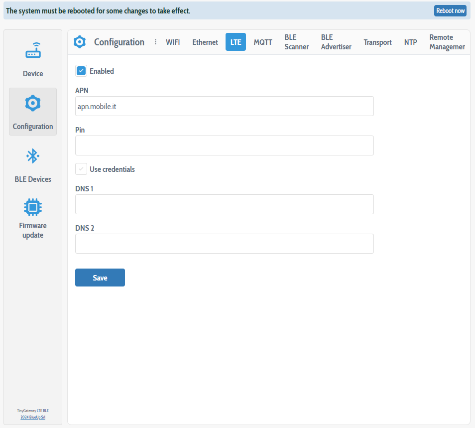LTE configuration reboot