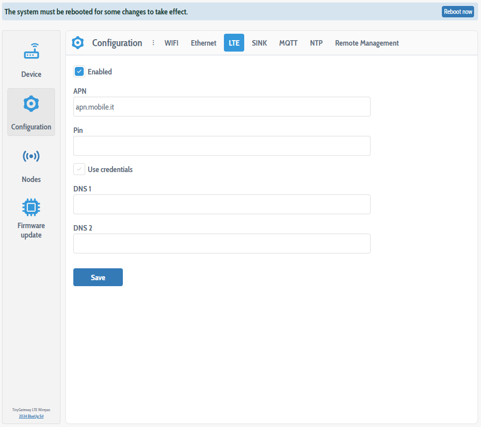 LTE configuration reboot